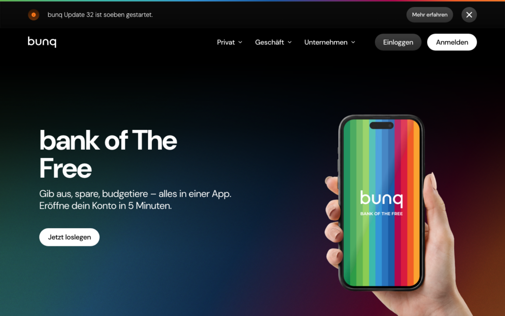 Startseite von bunq mit dem Slogan bank of The Free