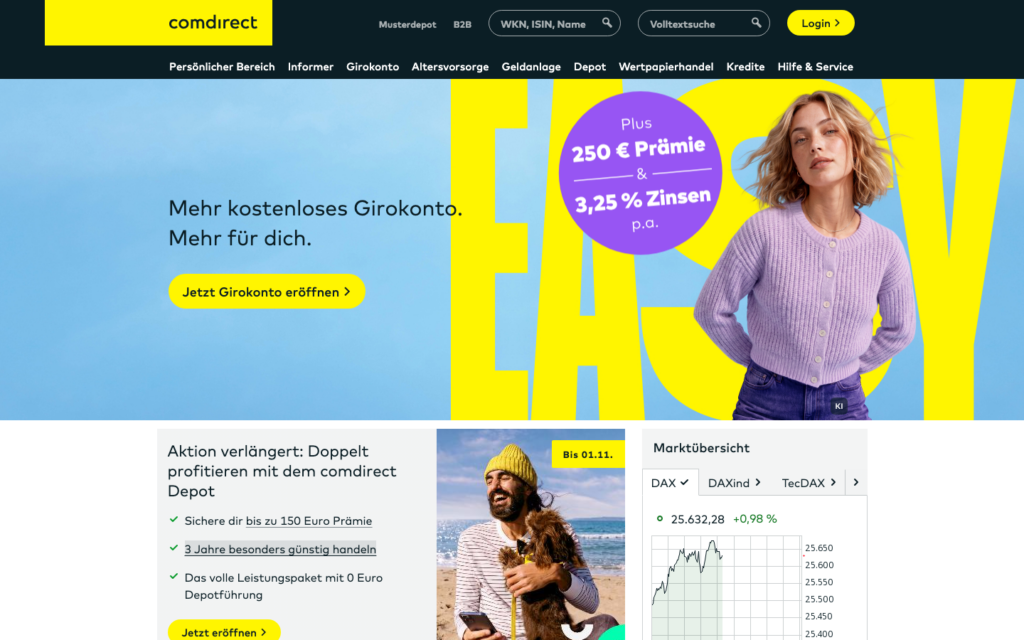Startseite der comdirect mit Angebot zum kostenlosen Girokonto