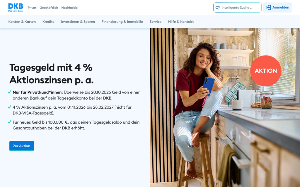 Startseite der DKB mit Tagesgeld-Aktion
