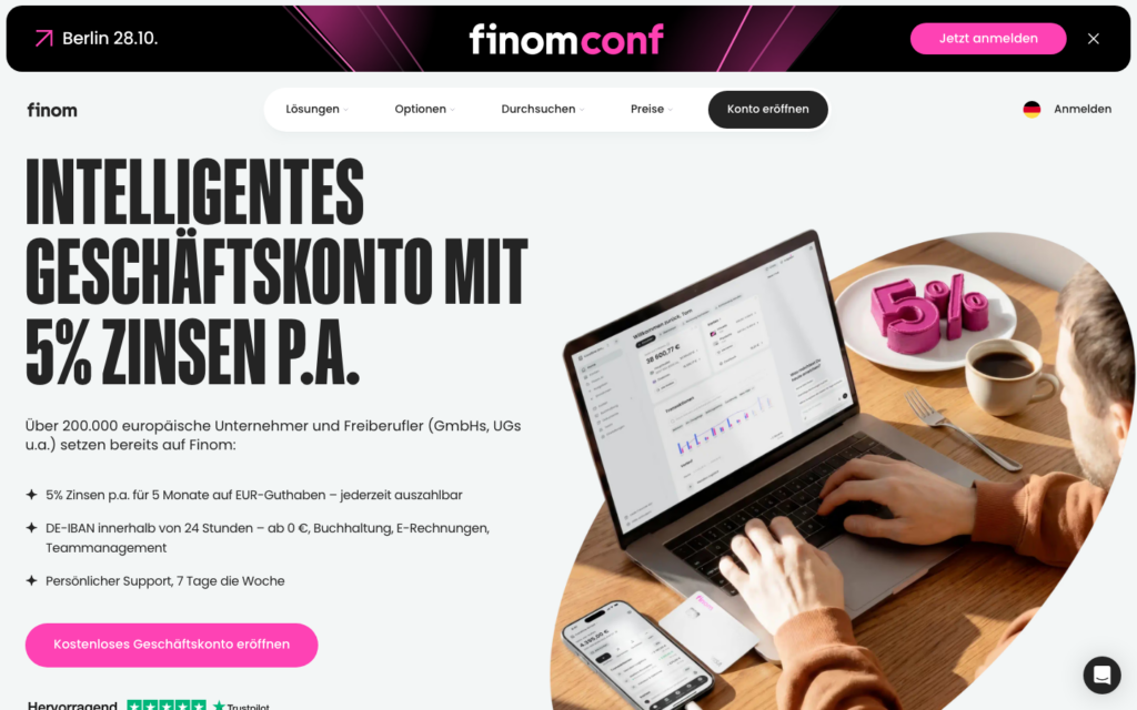 Startseite von Finom mit Angebot zum Geschäftskonto