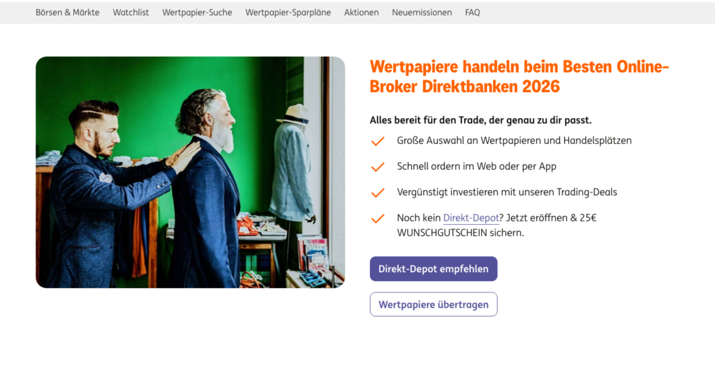 Wertpapier-Seite der ING mit Angebot zum Direkt-Depot