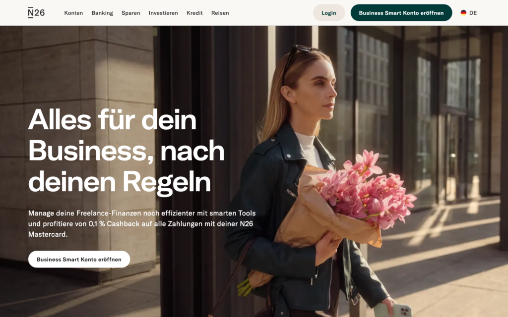 Seite von N26 Business mit dem Slogan Alles für dein Business