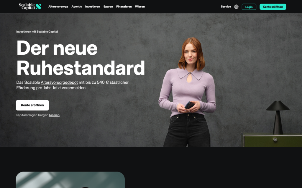 Startseite von Scalable Capital mit dem Button Konto eröffnen