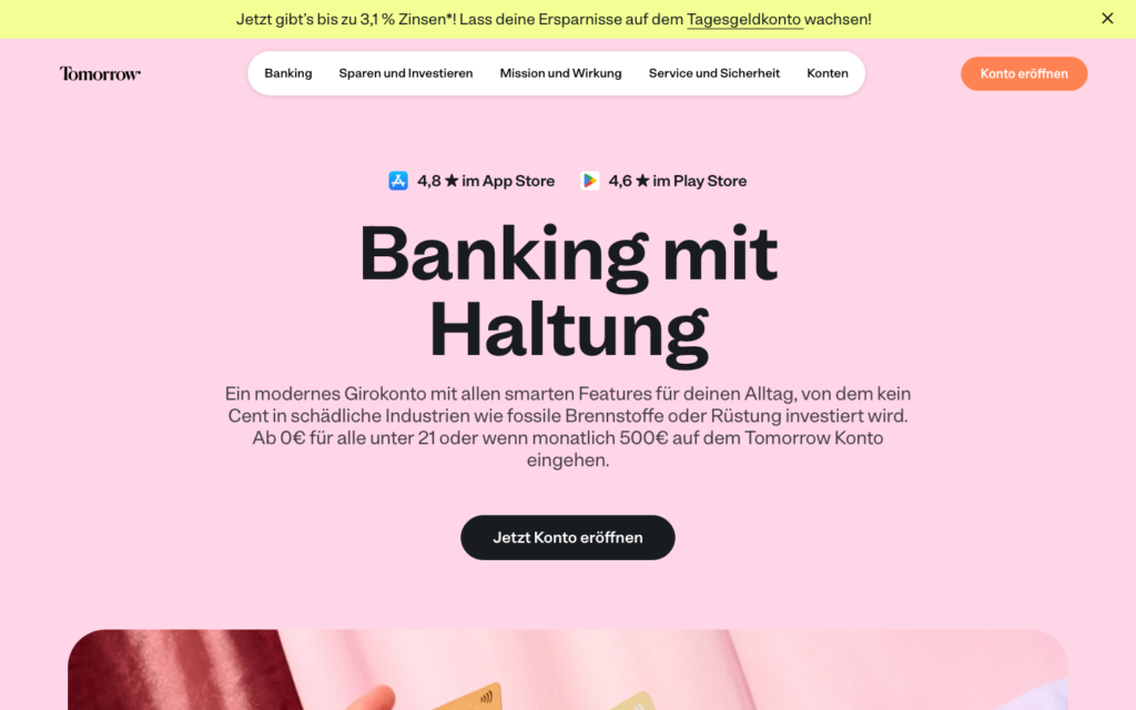 Startseite von Tomorrow mit dem Slogan Banking mit Haltung