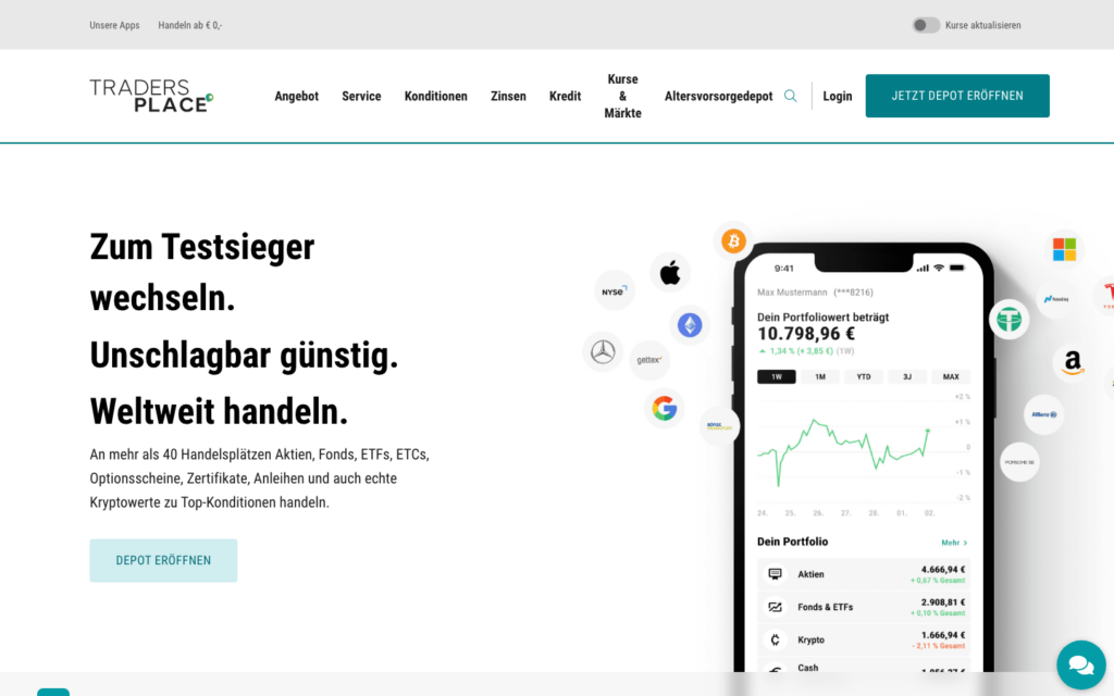 Startseite von Traders Place mit Hinweis auf über 40 Handelsplätze