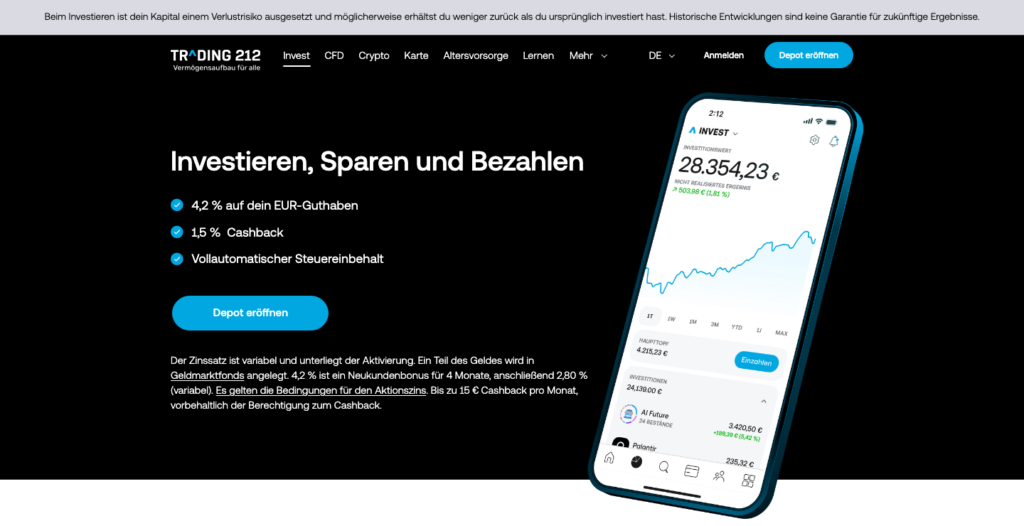 Startseite von Trading 212 mit den Punkten Investieren, Sparen und Bezahlen