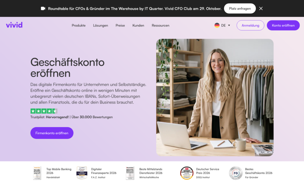 Seite von Vivid Business zum Eröffnen eines Geschäftskontos