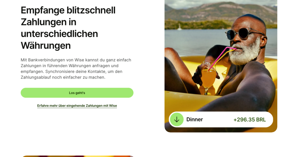 Wise-Seite zum Empfang von Zahlungen in verschiedenen Währungen