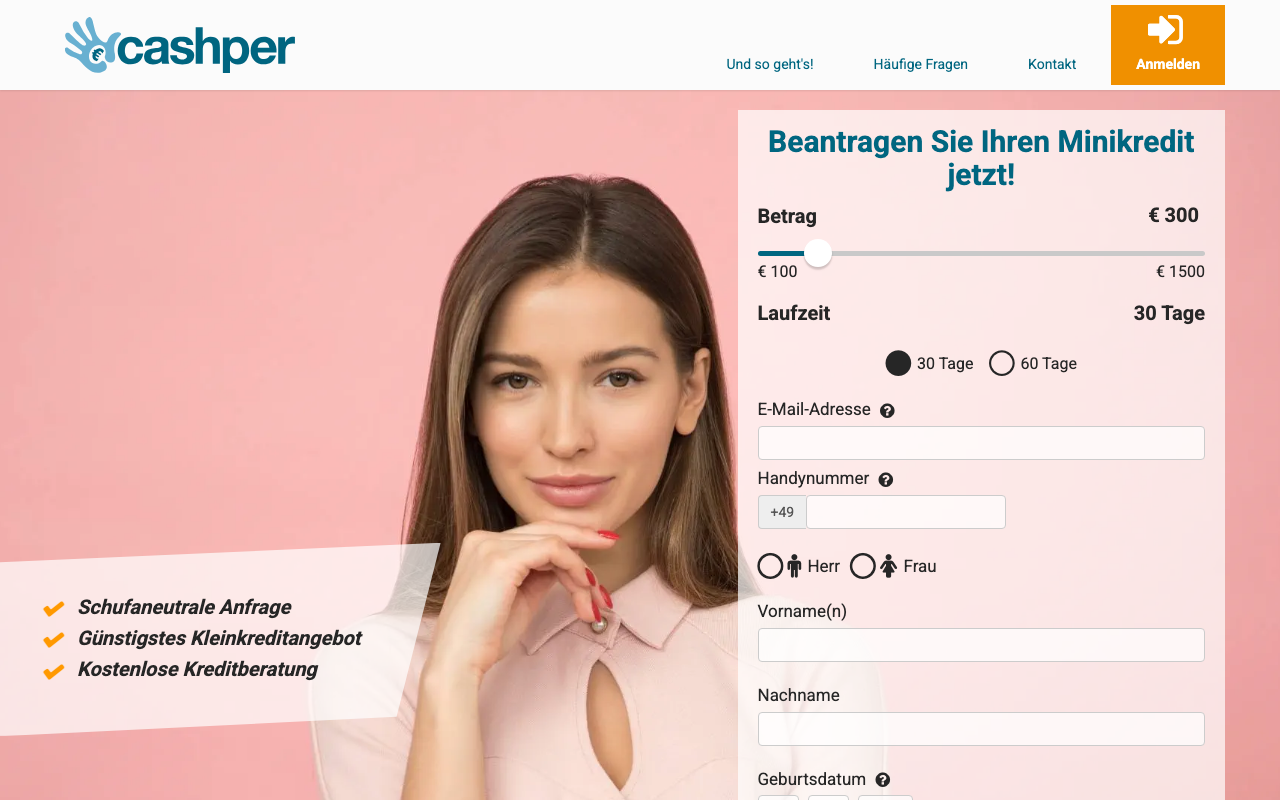 Startseite von Cashper mit Antragsformular und Schieberegler von 100 bis 1.500 Euro
