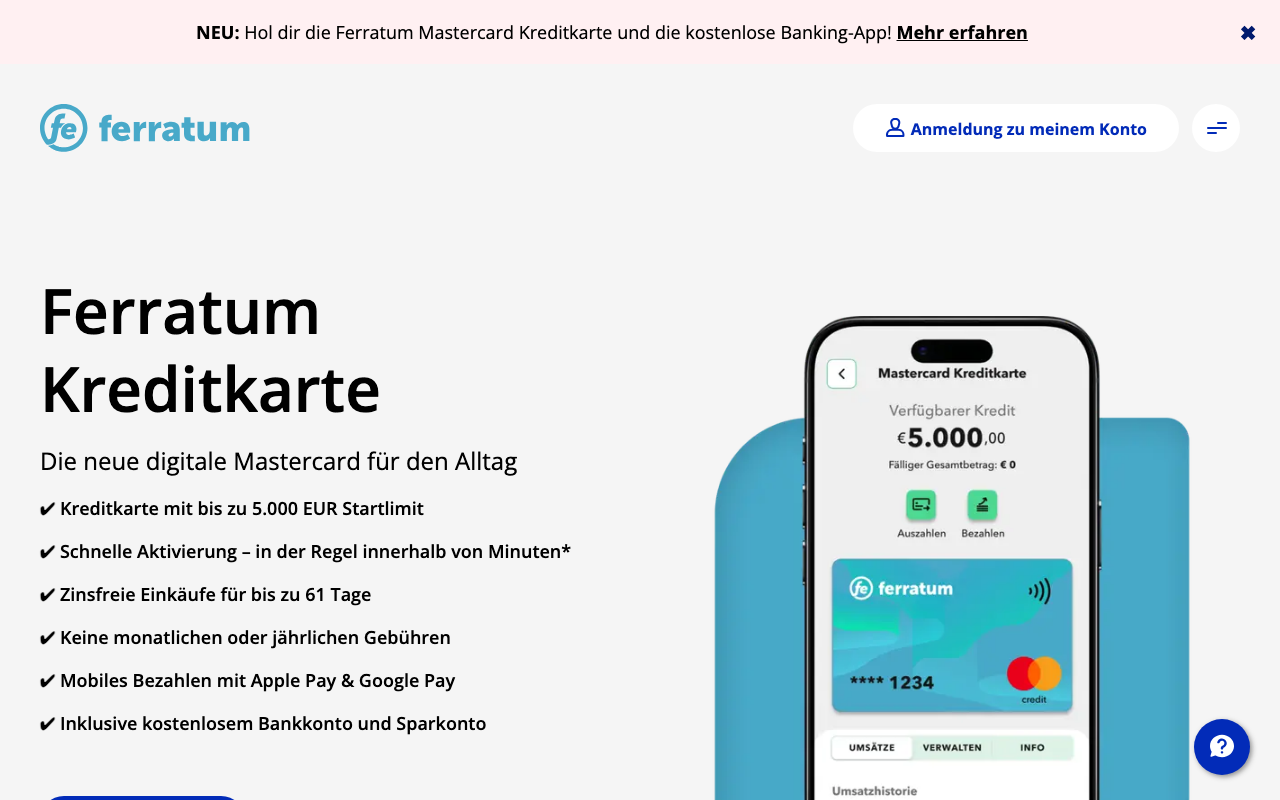 Startseite von Ferratum: beworben wird die Mastercard Kreditkarte, kein Minikredit mehr
