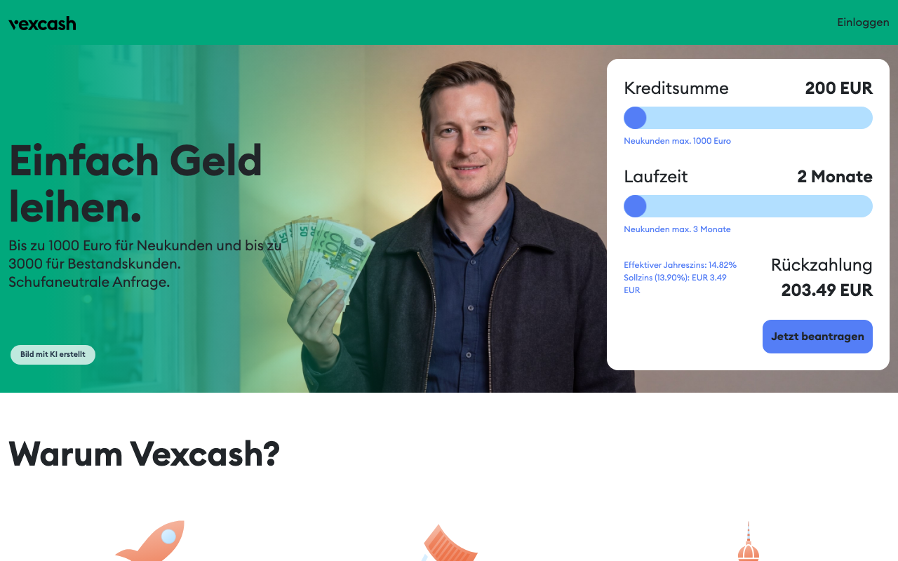 Startseite von Vexcash mit Kreditrechner: 200 Euro über 2 Monate ergeben 203,49 Euro Rückzahlung