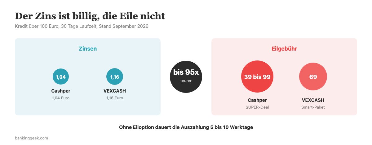 Vergleich von Zinsen und Expressgebühr bei Cashper und VEXCASH für einen Kredit über 100 Euro.