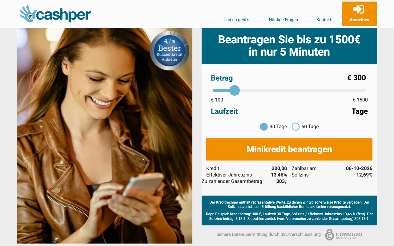 Startseite von cashper.at mit Kreditrechner für 300 Euro und dem repräsentativen Beispiel.
