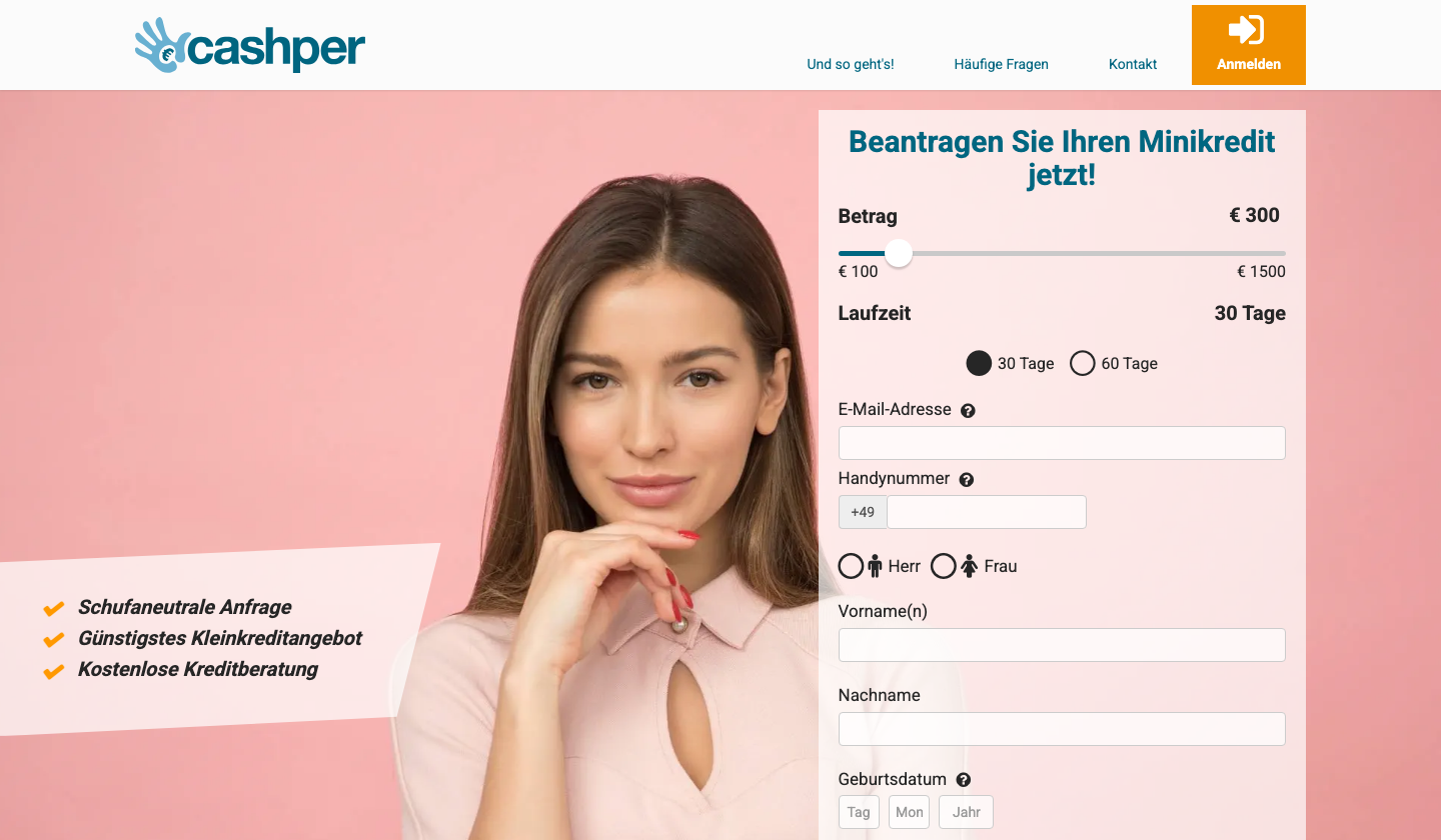 Kreditrechner von Cashper mit 300 Euro Kreditsumme und 30 Tagen Laufzeit.