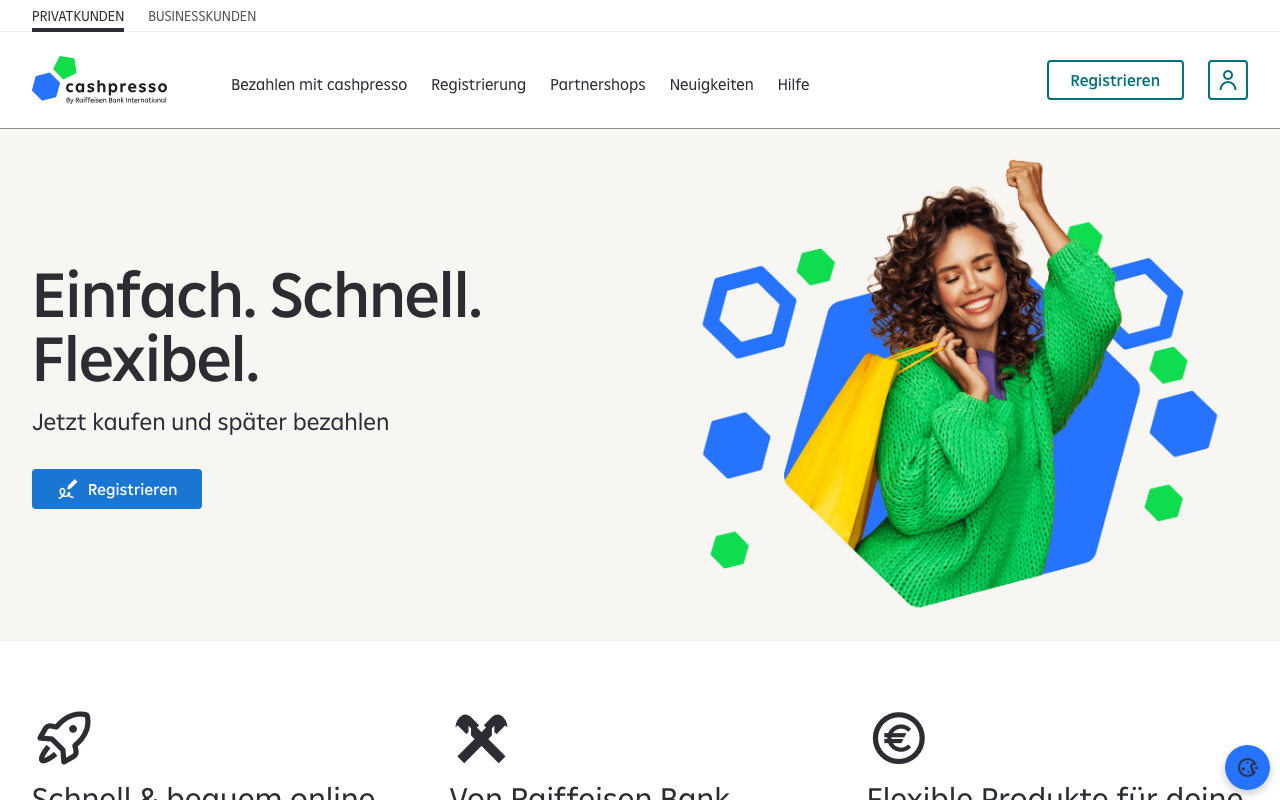 Startseite von cashpresso mit dem Hinweis auf die Raiffeisen Bank International.