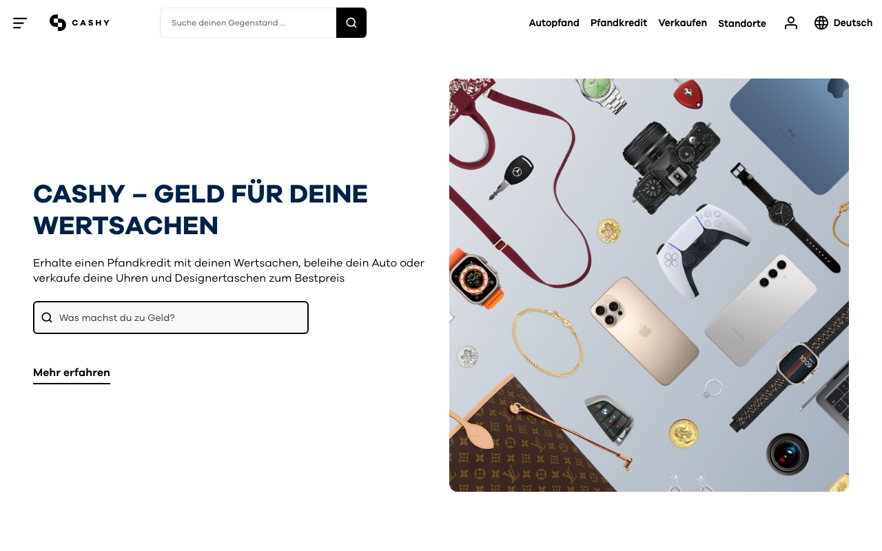 Startseite von cashy.at mit dem Angebot Pfandkredit für Wertsachen und Autopfand.