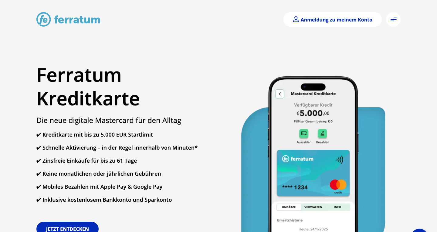 Startseite von Ferratum Deutschland mit der Mastercard als einzigem Produkt.