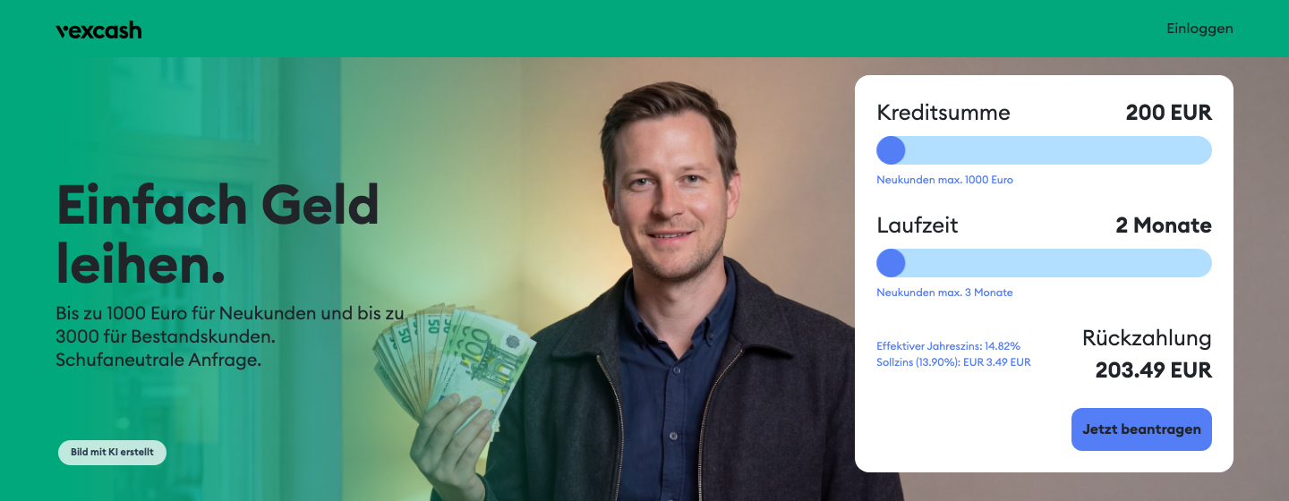 Startseite von VEXCASH mit Kreditrechner, Neukundenlimit 1.000 Euro und effektivem Jahreszins 14,82 Prozent.
