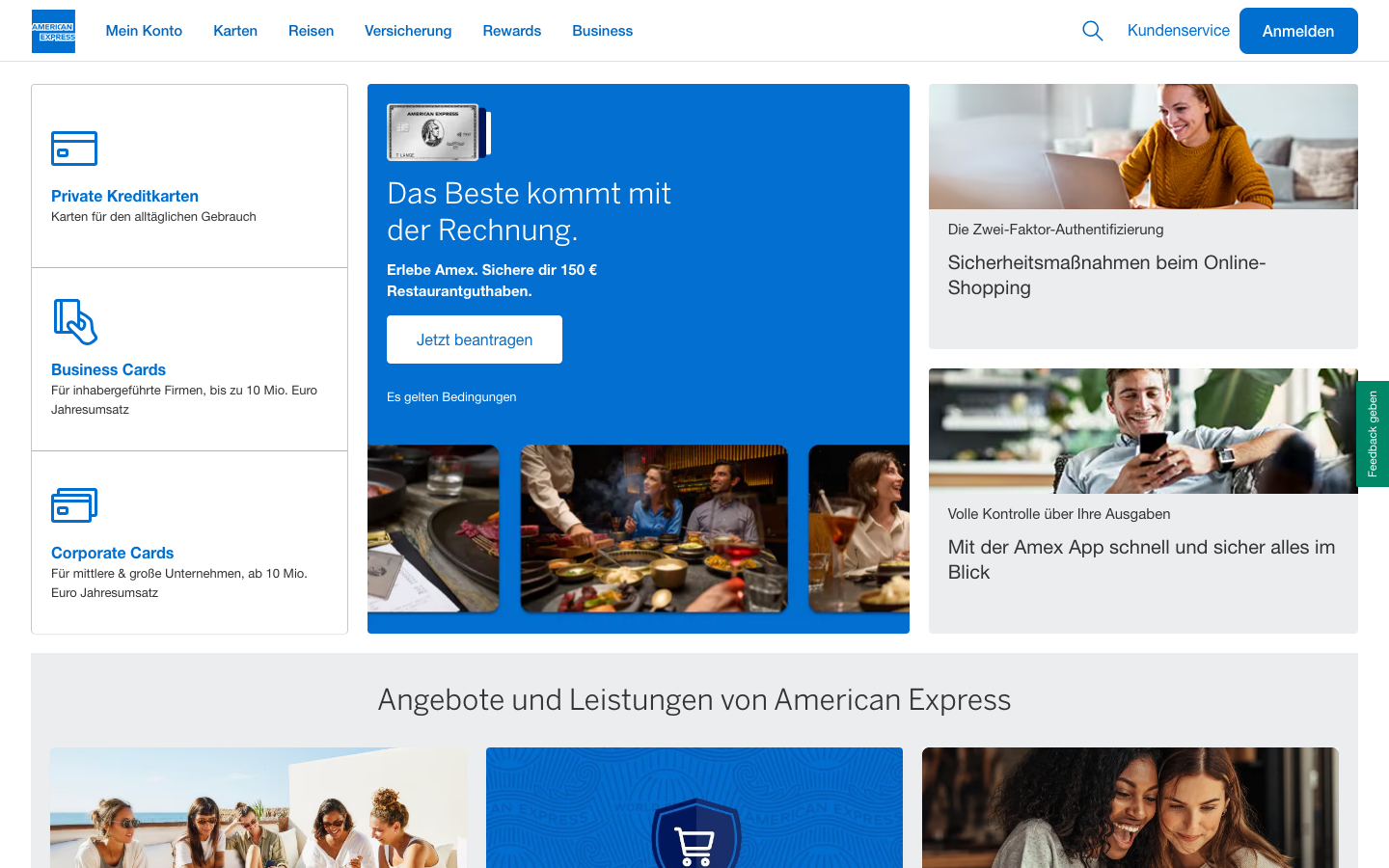American Express Startseite mit Kreditkarten Platinum und Gold Card fuer hohes Limit