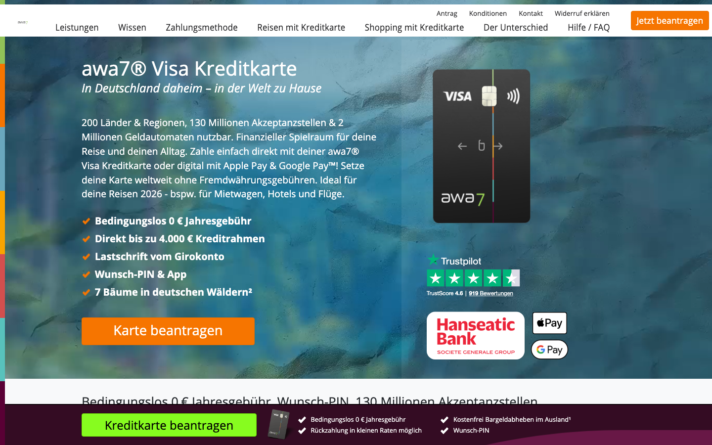 awa7 Visa Kreditkarte Startseite, kostenlose Kreditkarte der Hanseatic Bank
