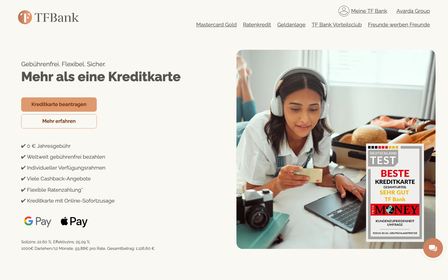 TF Bank Startseite mit Mastercard Gold Kreditkarte