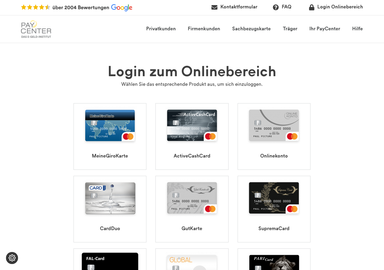 Screenshot der PayCenter Login-Seite zum Onlinebereich