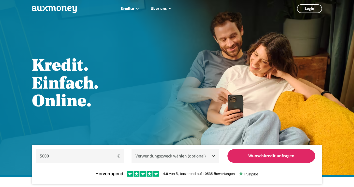 Startseite von auxmoney mit dem Kreditrechner für Ratenkredite ab 1.000 Euro
