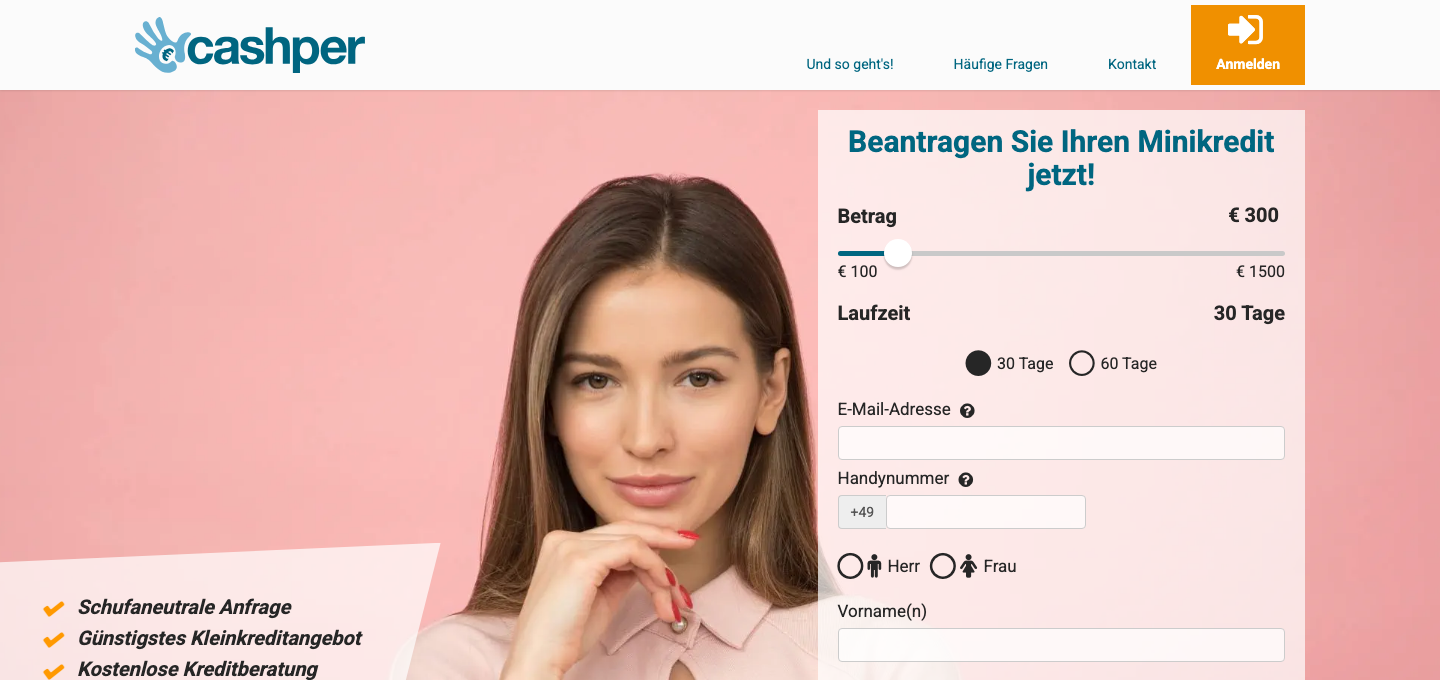 Startseite von Cashper mit dem Kreditrechner für Minikredite von 100 bis 1.500 Euro