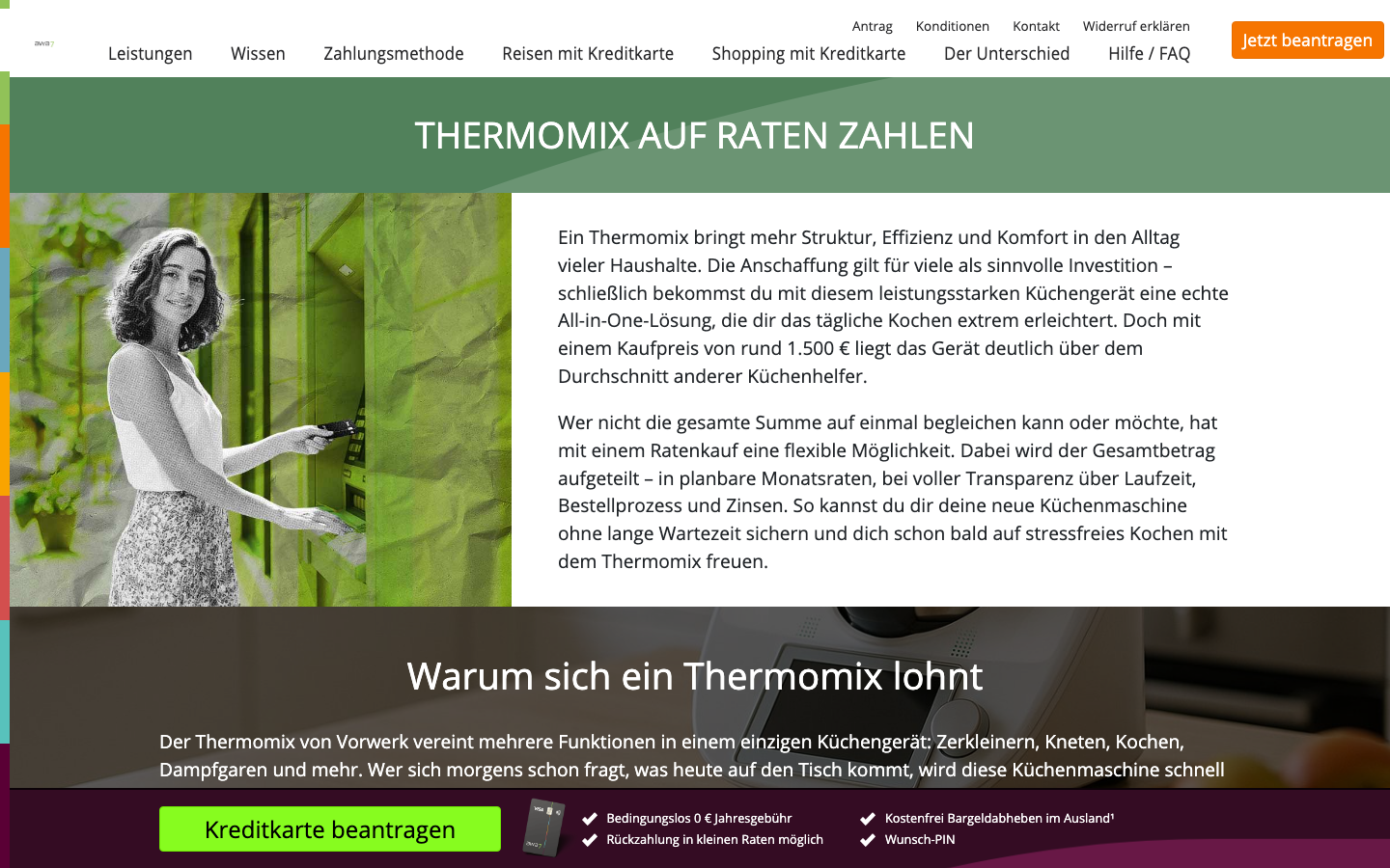 Screenshot der awa7 Webseite zur Thermomix-Finanzierung mit der awa7 Visa Kreditkarte