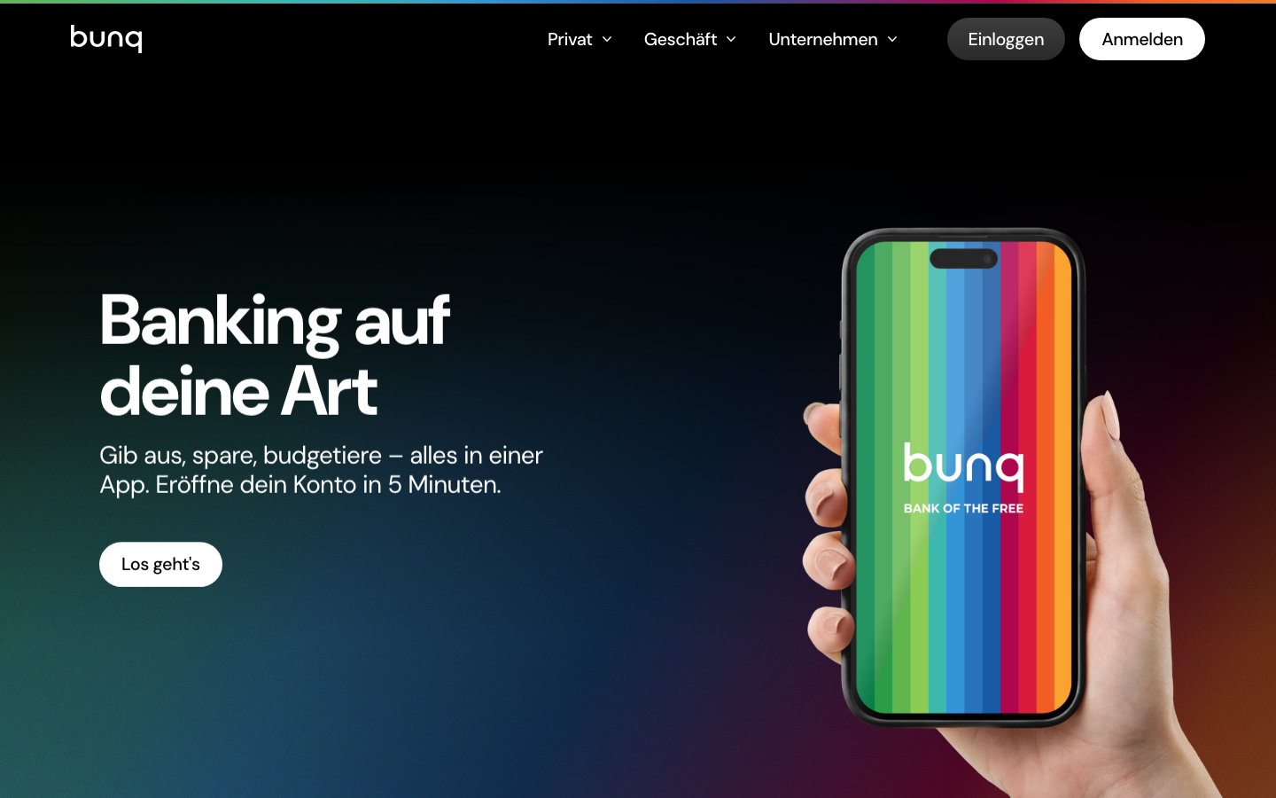 Startseite von bunq mit dem Slogan Banking auf deine Art und einer Smartphone-Ansicht der App.