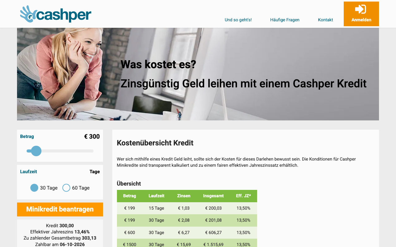 Kostenübersicht von Cashper mit Kreditbeträgen, Laufzeiten und effektivem Jahreszins