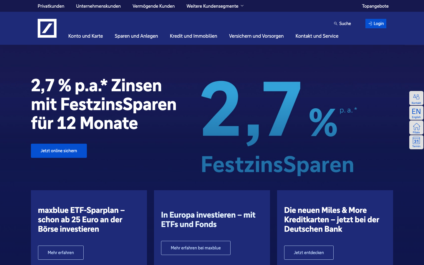 Die Deutsche Bank Website mit Navigationsmenü und Kundenservice-Bereich