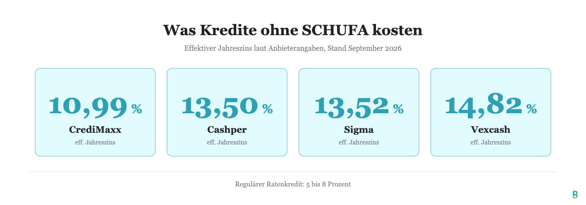Effektiver Jahreszins von CrediMaxx, Cashper, Sigma Kreditbank und Vexcash im Balkenvergleich