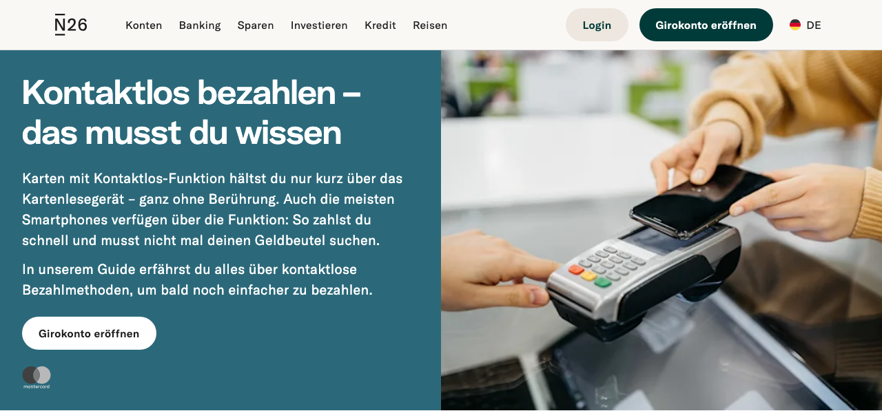 N26 Website-Ausschnitt zum kontaktlosen Bezahlen mit Smartphone am NFC-Zahlterminal