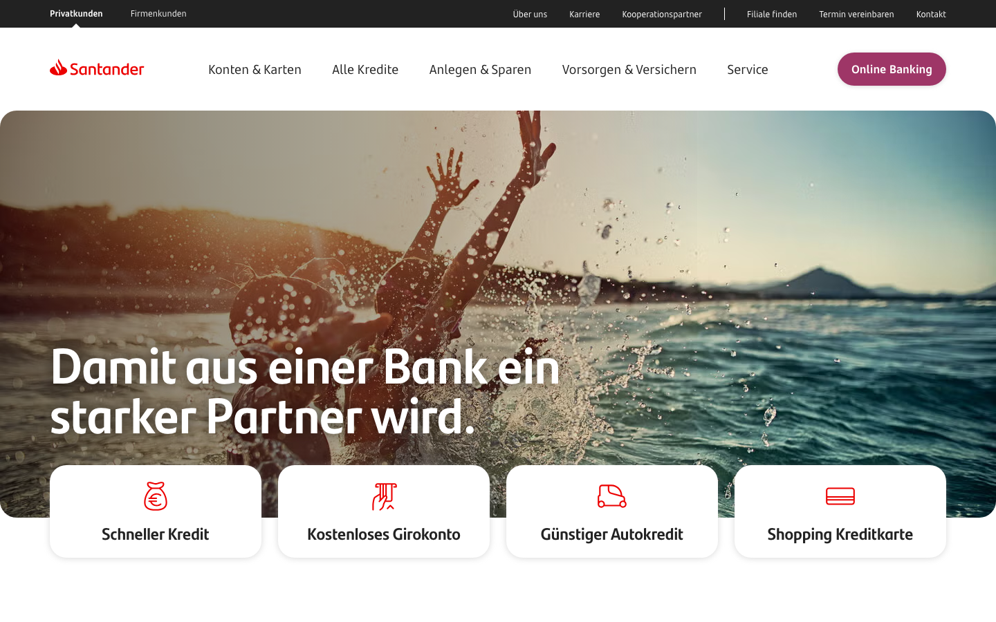Startseite von santander.de mit den Angeboten Kredit, Girokonto, Autokredit und Kreditkarte.