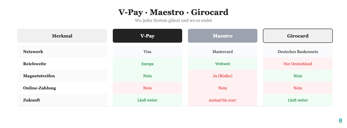 Vergleich von V-Pay, Maestro und Girocard nach Reichweite, Sicherheit und Zukunft