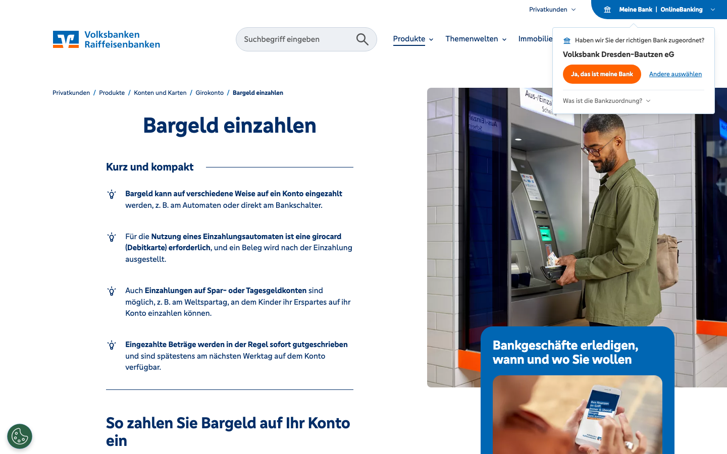 Screenshot der offiziellen VR-Bank Seite zum Thema Bargeld einzahlen