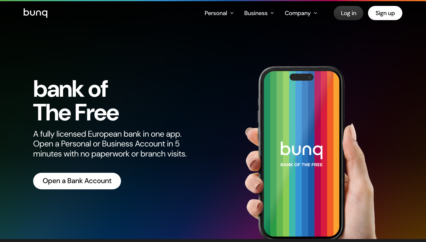 Startseite von bunq.com, Girokonto ohne SCHUFA-Pruefung