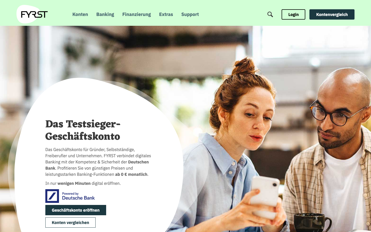 Startseite von fyrst.de mit dem Geschäftskonto-Angebot der Deutsche Bank AG