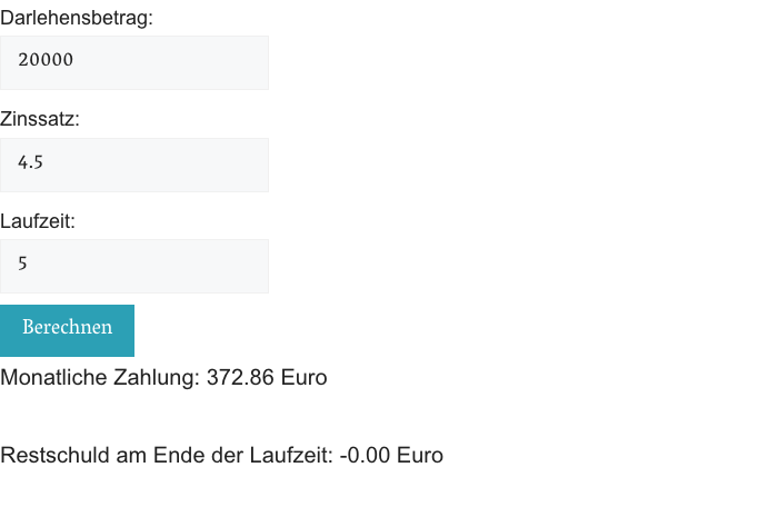 Zinsraten-Rechner mit Beispielwerten: 20.000 Euro, 4,5 Prozent Zinsen, 5 Jahre Laufzeit