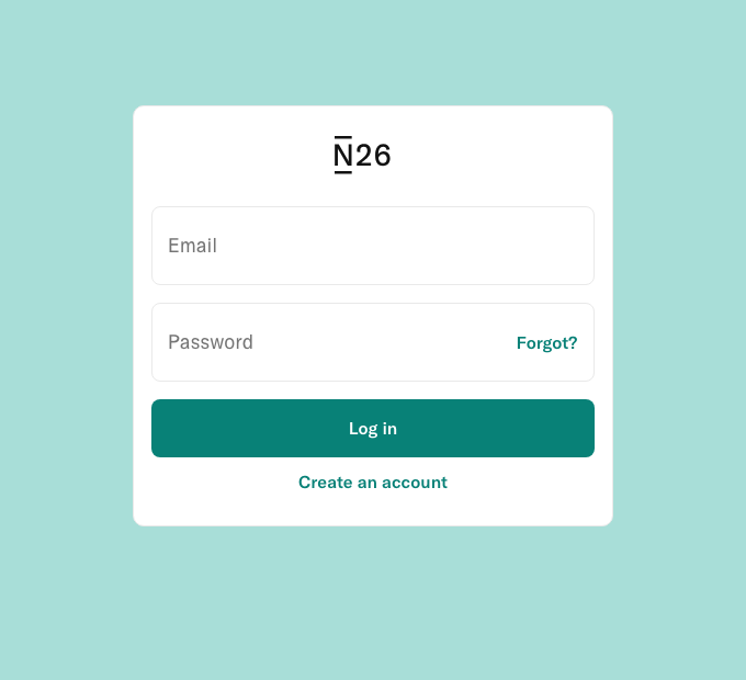 N26-Login-Formular mit Feldern für E-Mail und Passwort