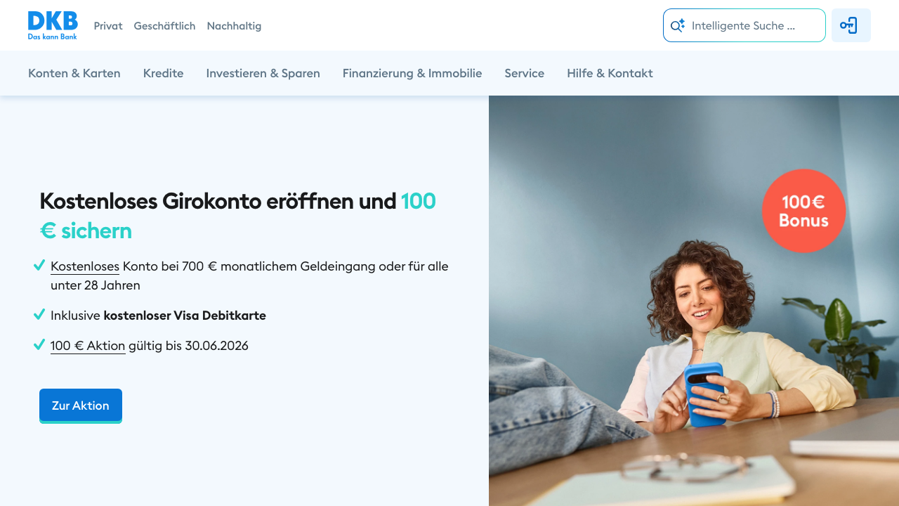 DKB Online Banking - Startseite mit Anmelden-Button