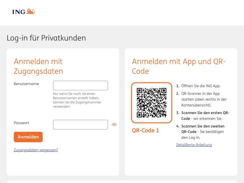ING Login-Seite mit Feldern für Benutzername und Passwort sowie dem QR-Code für den Login per App.