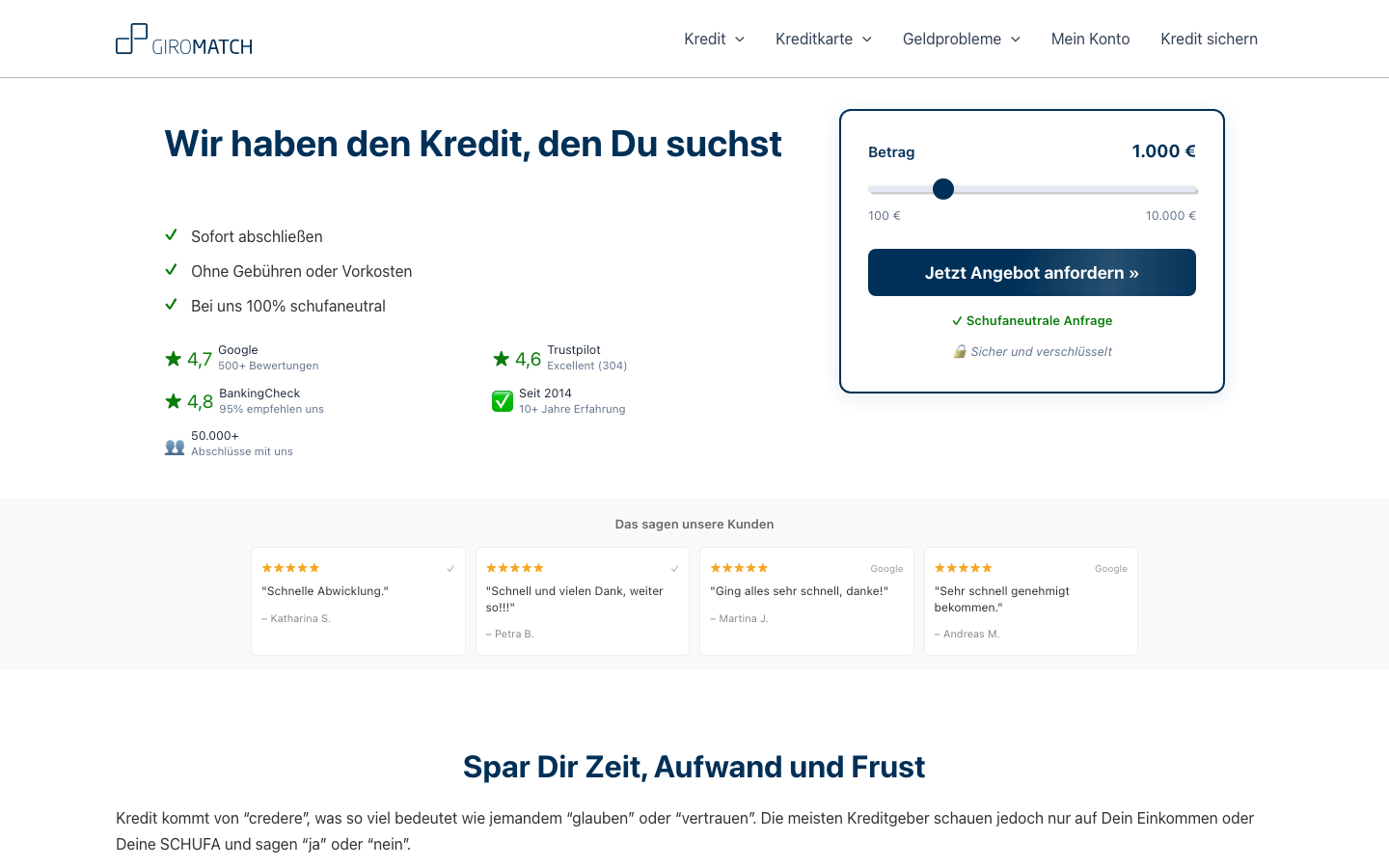 Startseite von Giromatch, dem in diesem Artikel besprochenen Kreditanbieter