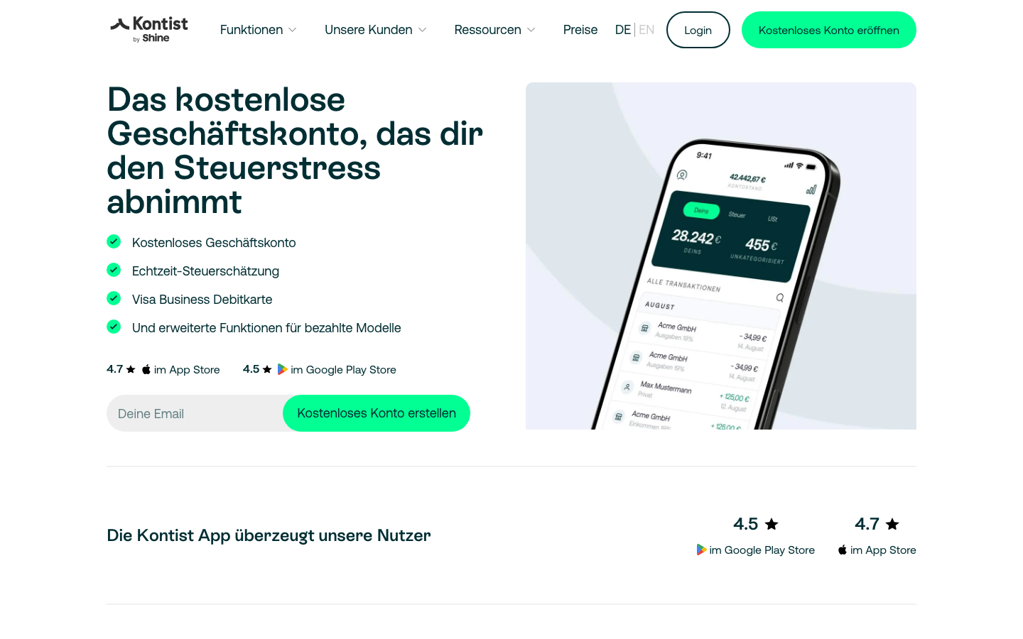 Startseite des Kontist Geschäftskonto mit automatischer Steuerrücklage