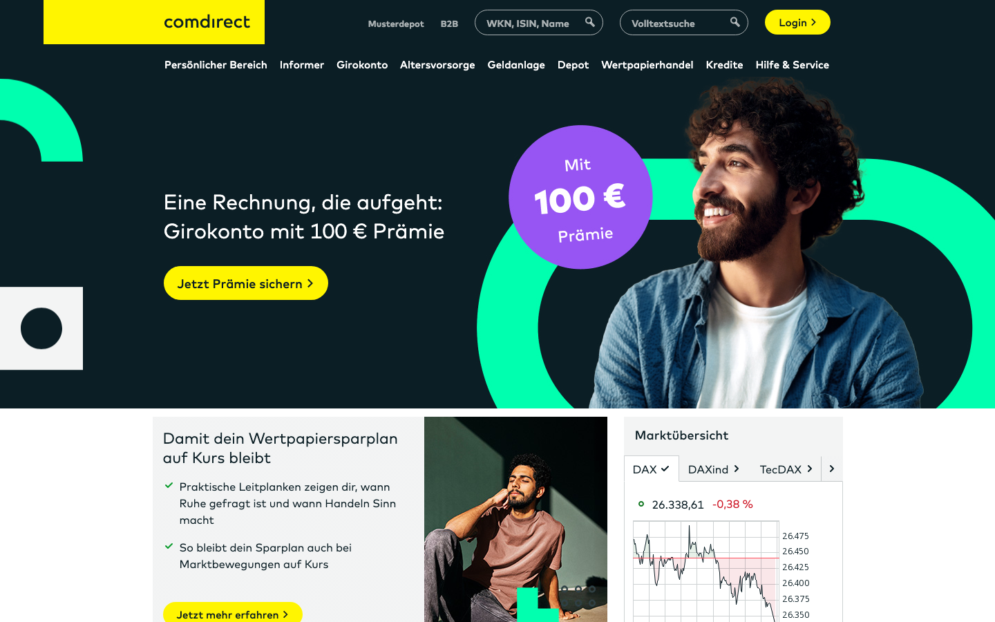 Startseite von comdirect.de mit aktueller 100-Euro-Prämie fürs Girokonto