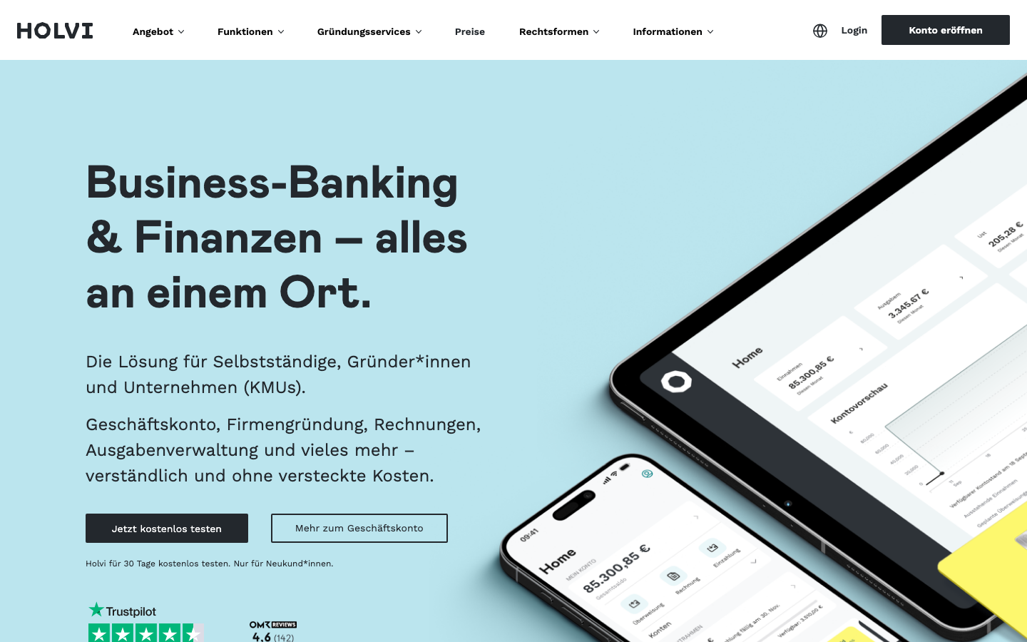 Startseite des Holvi Geschäftskonto für Selbstständige und KMU
