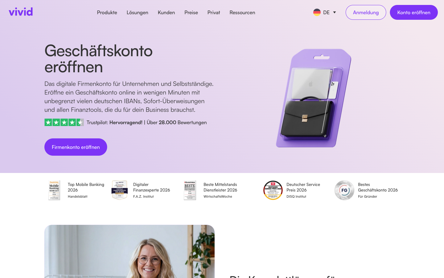 Vivid Geschäftskonto Startseite Screenshot