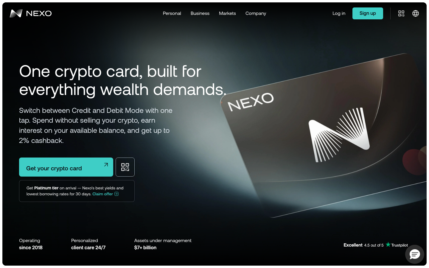 Nexo Card Startseite: wahlweise Credit- oder Debit-Modus für Krypto-Zahlungen