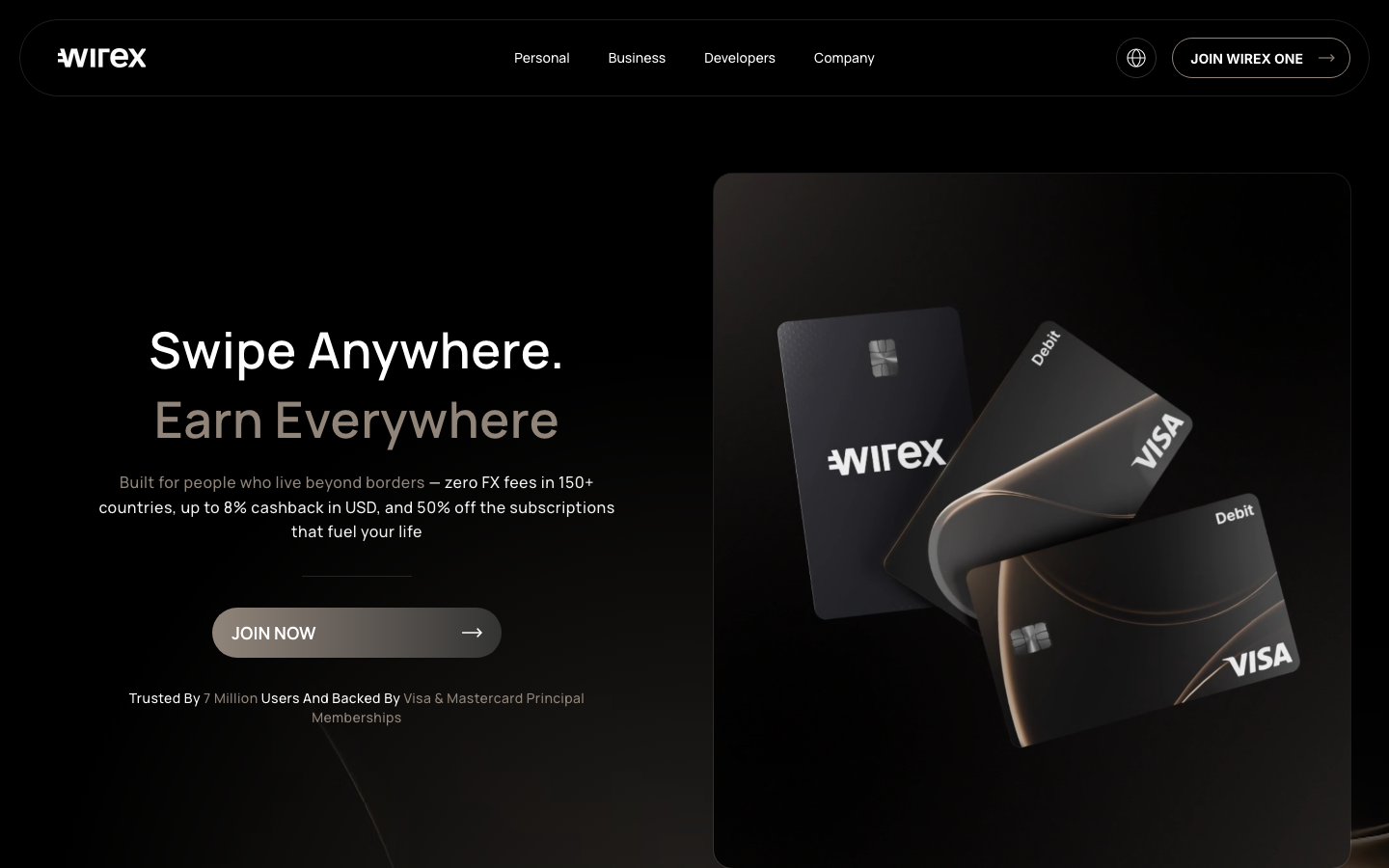 Wirex Card Startseite: Visa-Debitkarte mit WXT-Token-Cashback